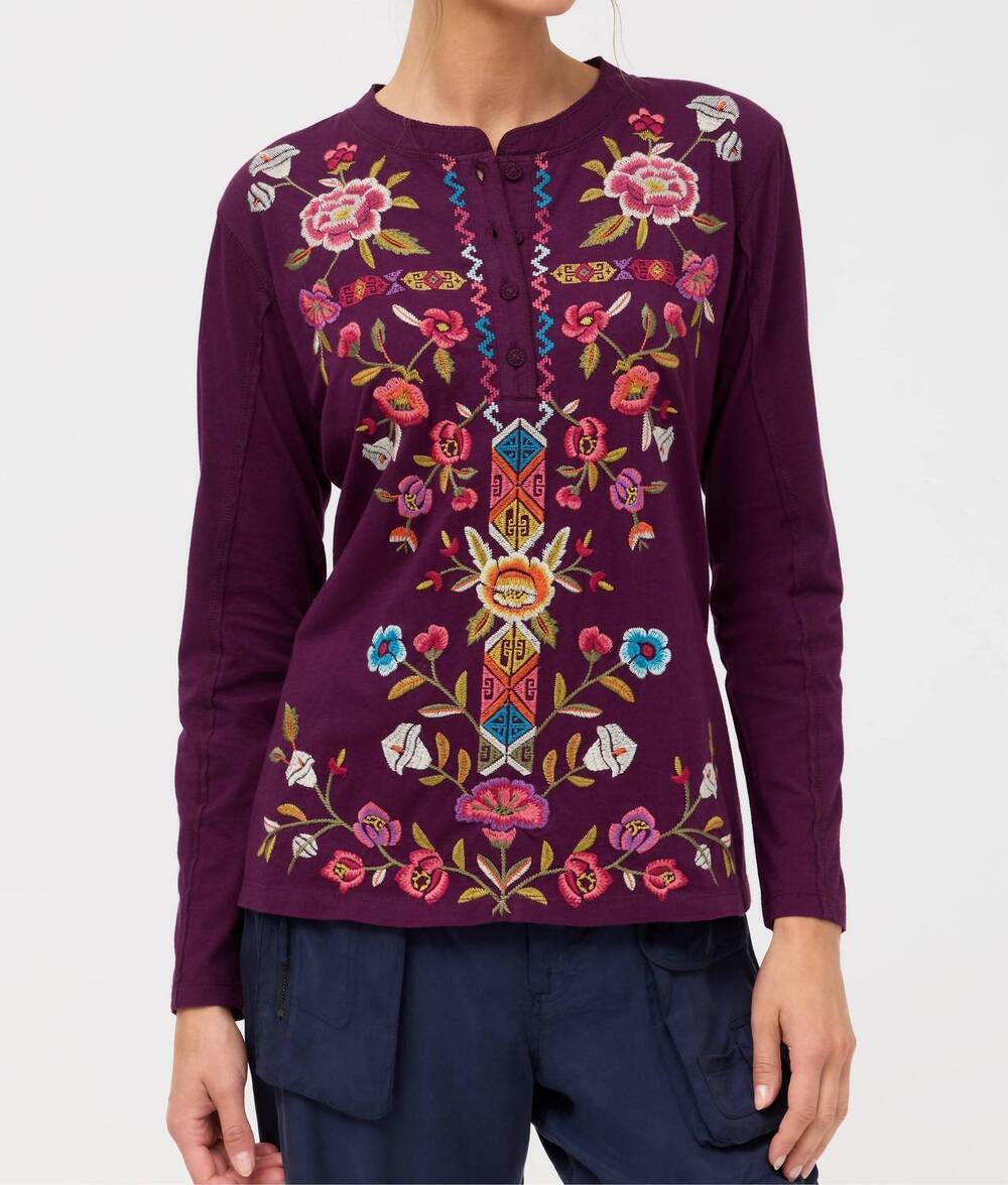 NEW JOHNNY WAS raw seam henley anaya tee in aubergine